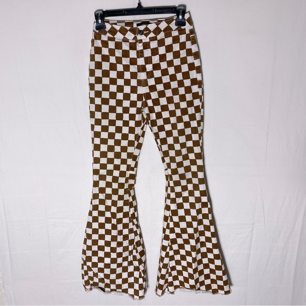 Forever 21 Cream Brown Checker Print High Rise Flare Bell Bottom Jeans XS/24